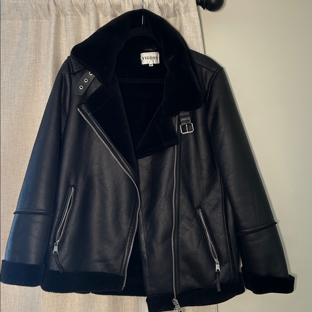 Vigoss Black Leather Jacket with Silver Accents